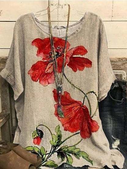 Crew Neck Floral Casual Red Flower Batwing Sleeve Slit Tops