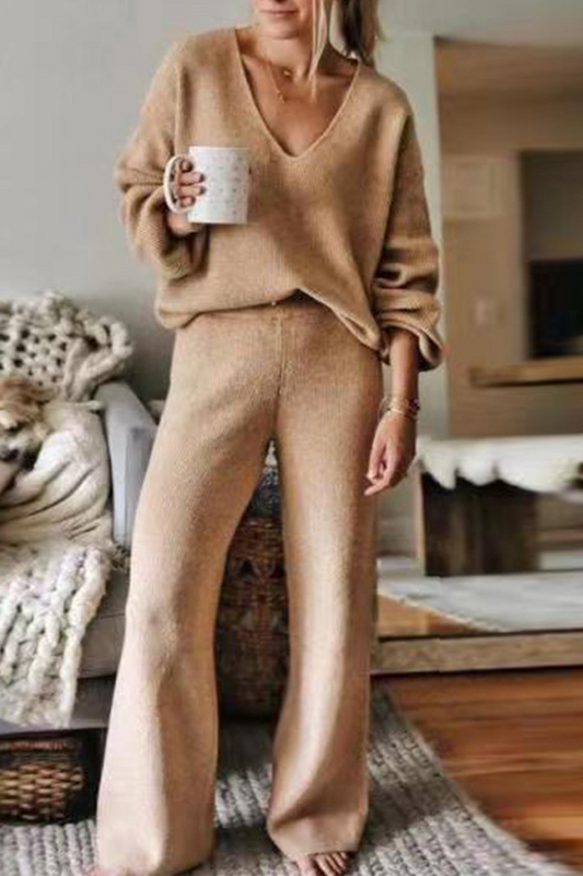 Casual Solid Patchwork V Neck Long Sleeve Two Pieces