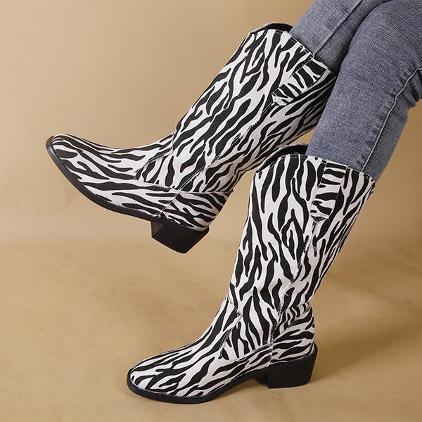 Women's Fashion Zebra Pattern Chunky Heel Mid-Calf Boots 69176573S