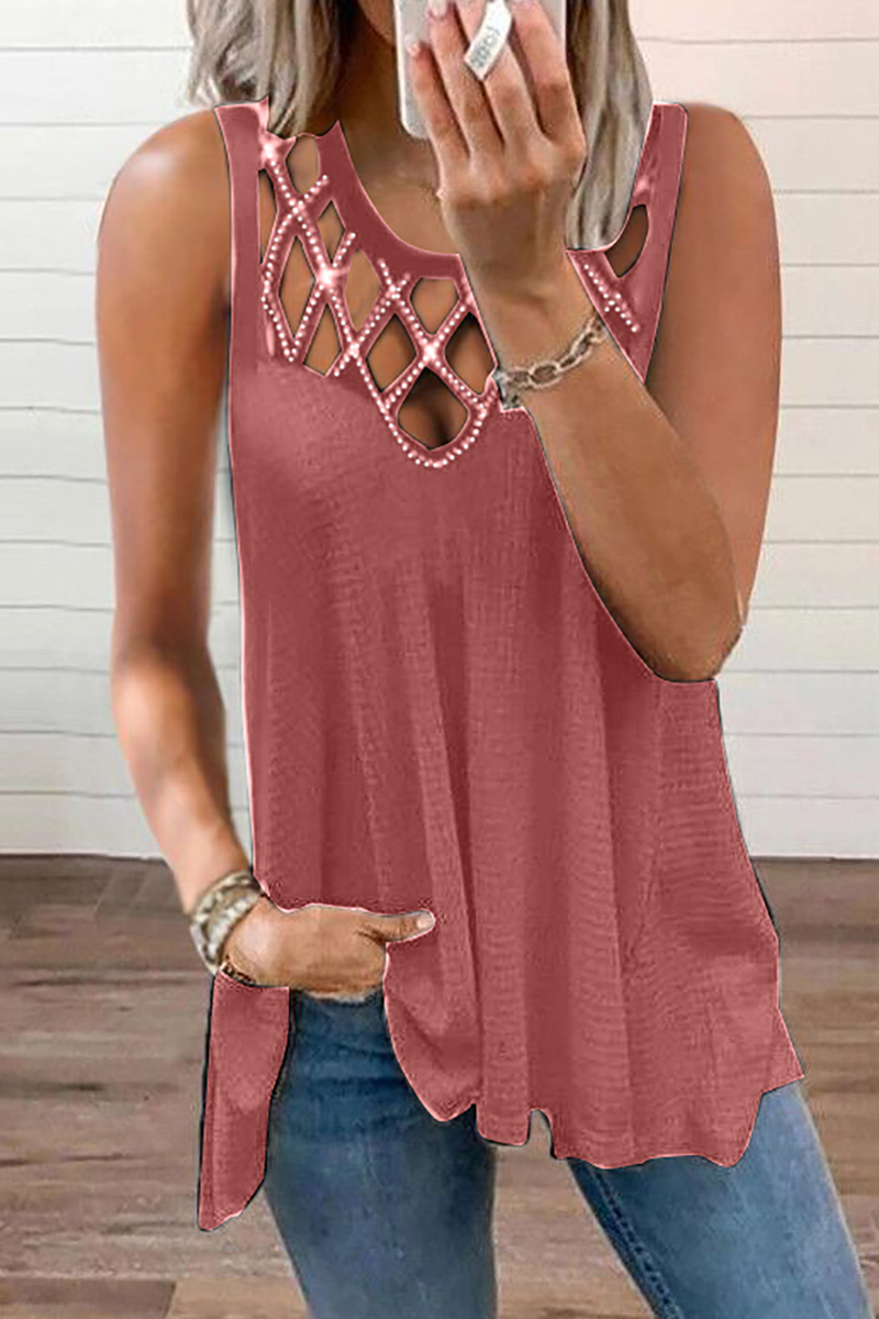 Casual Solid Hollowed Out O Neck Tops