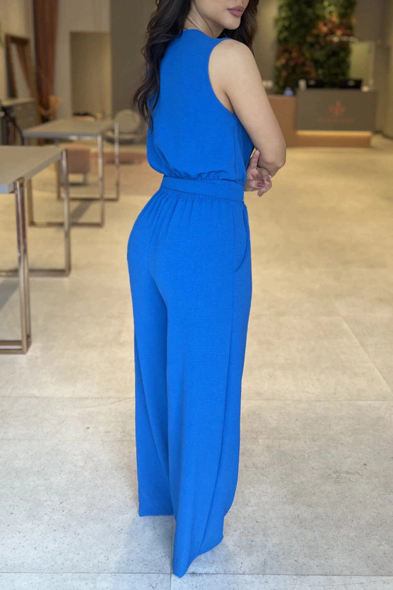 Sexy Elegant Solid With Belt V Neck Regular Jumpsuits