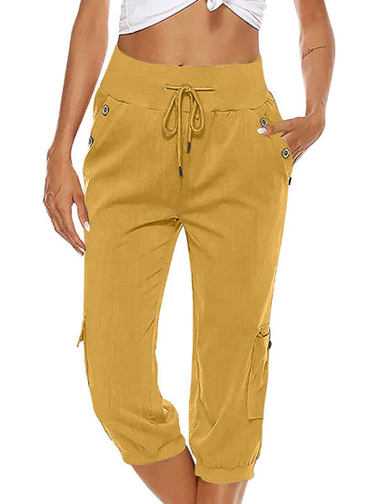 Women's Drawstring Cargo Pants Elastic Waist Casual Capri