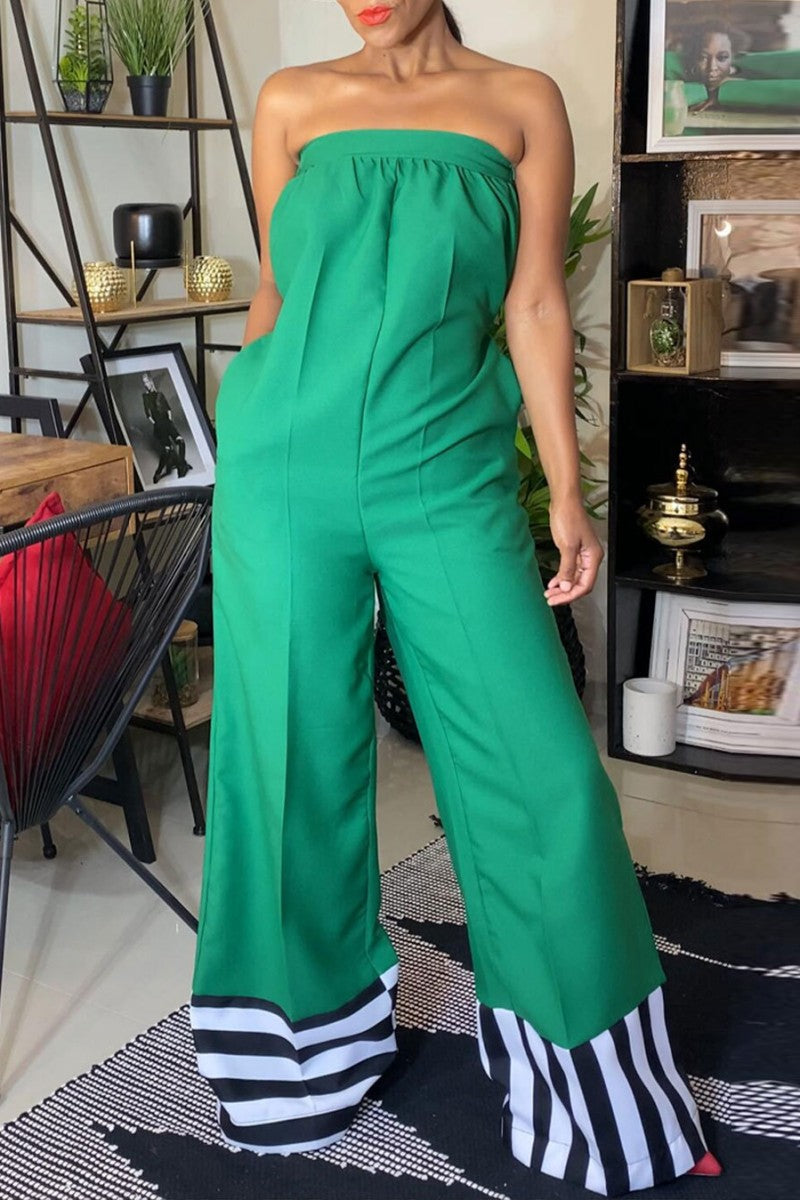 Casual Solid Patchwork Backless Strapless Regular Jumpsuits