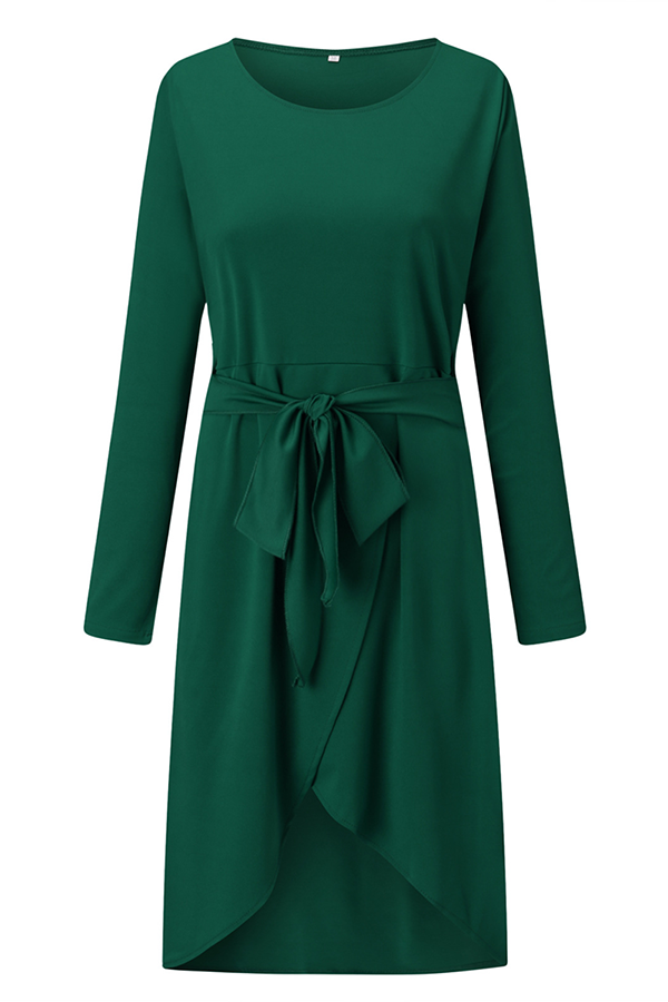 Fashion Elegant With Belt Asymmetrical O Neck Long Sleeve Dresses(3 Colors)