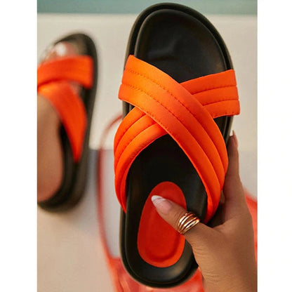 Satin Criss Cross Strap Platform Slippers