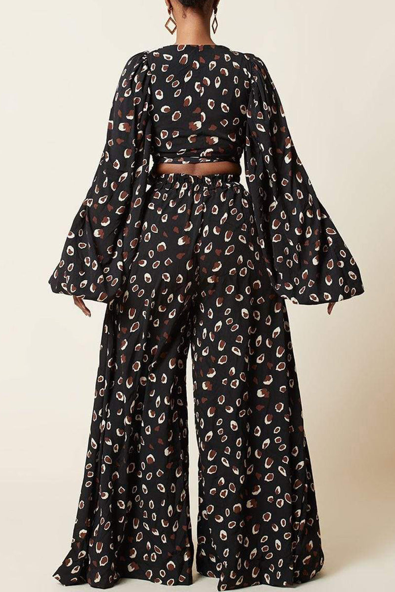 Fashion Casual Print Bandage V Neck Long Sleeve Two Pieces