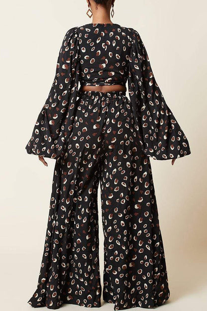 Fashion Casual Print Bandage V Neck Long Sleeve Two Pieces