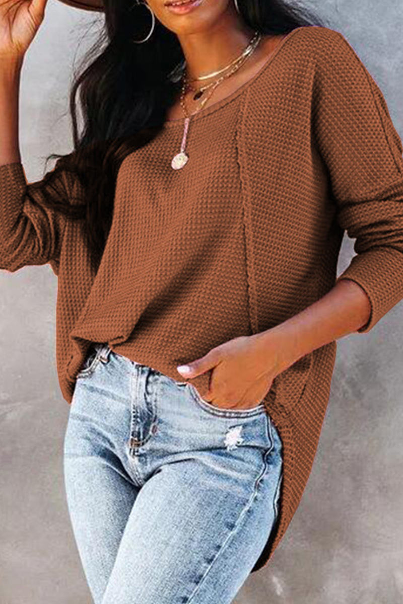 Casual Solid Split Joint Buckle O Neck Tops