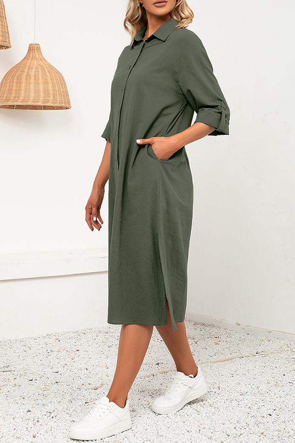 Casual Solid Split Joint Buckle Turndown Collar Shirt Dress Dresses