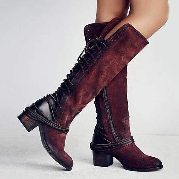 Women's Chunky Heel High Heel Back Lace-Up Knee-High Boots 95738726C