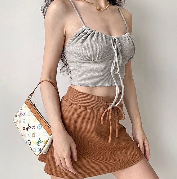 Waffle Drawstring Crop Camisole