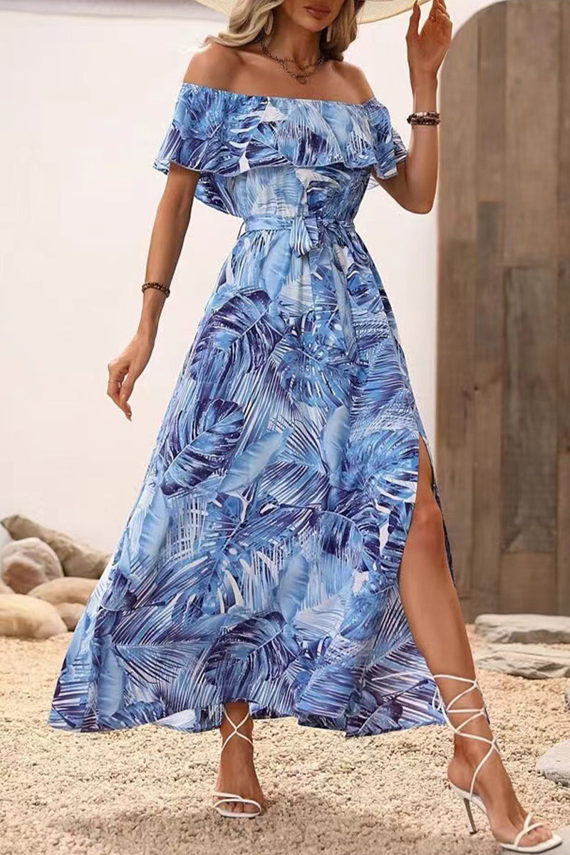 Sexy Vacation Floral Frenulum Slit Off the Shoulder Printed Dress Dresses