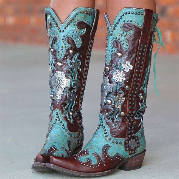 Women's Low Heel Stud High-Calf Western Cowboy Boots 87258531C