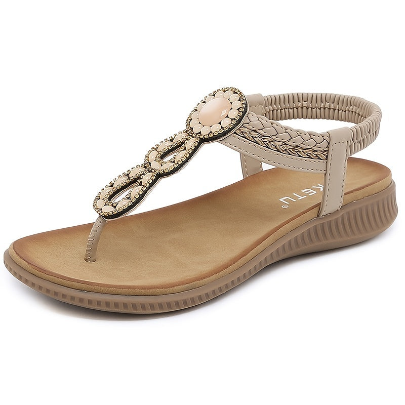 Boho Style Rhinestone T-Strap Sandals for Women - Perfect for Beach Vacations