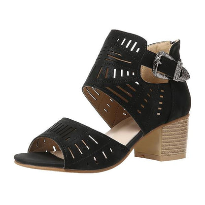 Women's Fashion Hollow Zipper Chunky Heel Sandals 89606513C