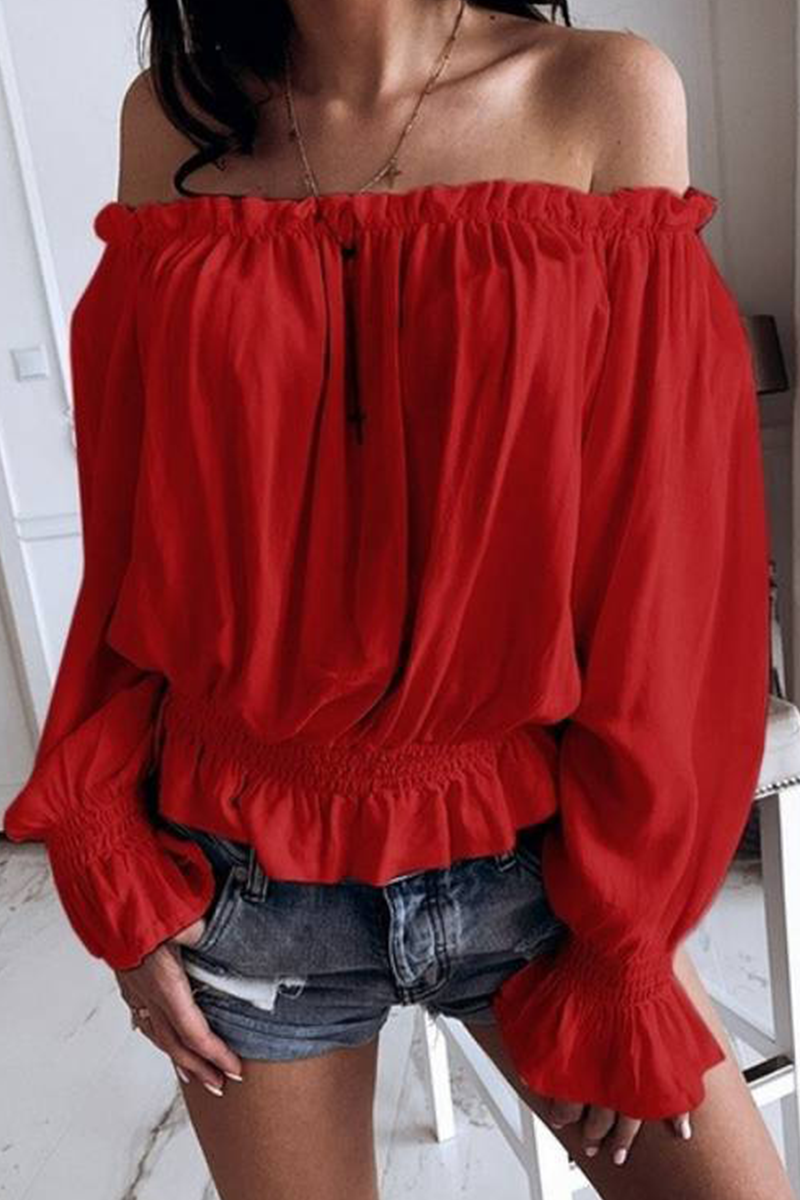Casual Solid Mesh Off the Shoulder Tops