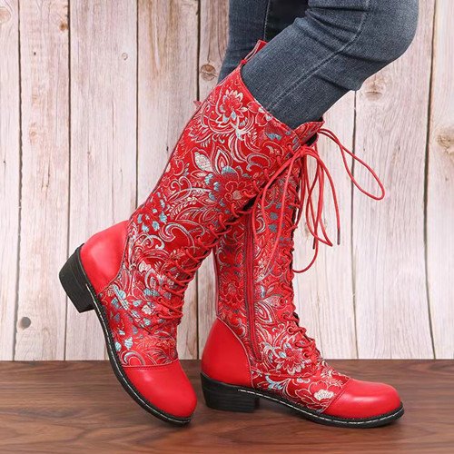 Winter Women Boots Gorgeous Flowers Pattern Colorful Stitching Elegant Zipper Lace Up Flat Mid Calf Boots