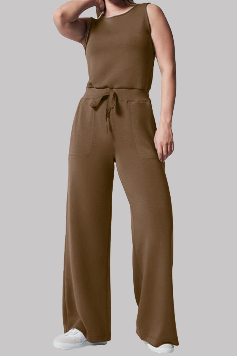 Casual Simplicity Solid Pocket O Neck Loose Jumpsuits