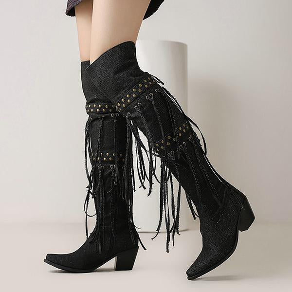 Women's Fashion Stud Tassel Chunky Heel Over-the-Knee Boots 25590507S