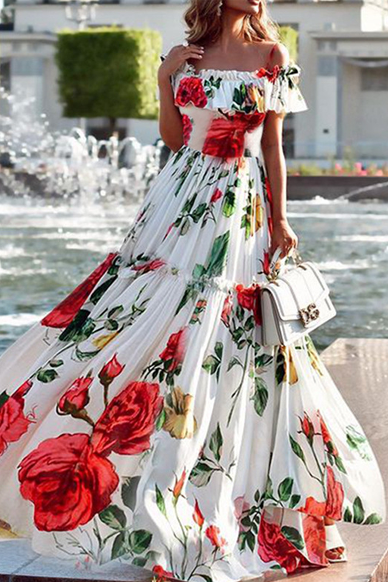 Fashion Print Flounce Off the Shoulder Cake Skirt Dresses