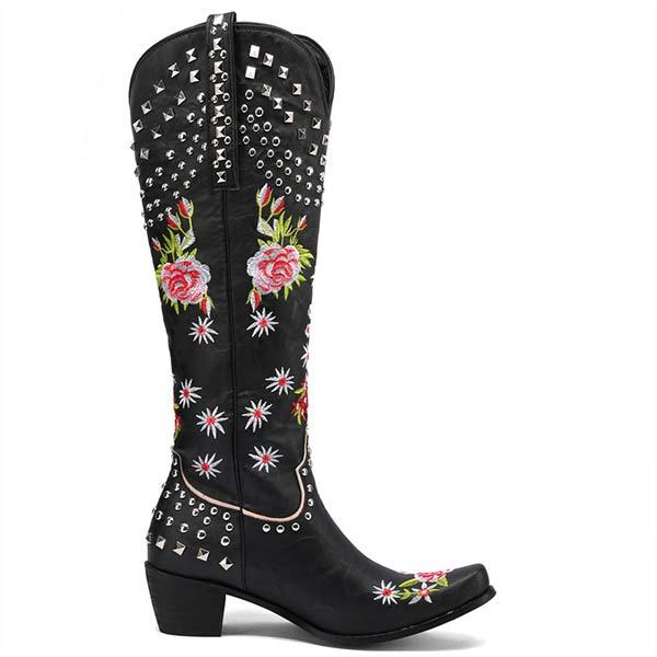 Women's Embroidered Studded High-Calf Mid-Heel Cowboy Boots 61919210C