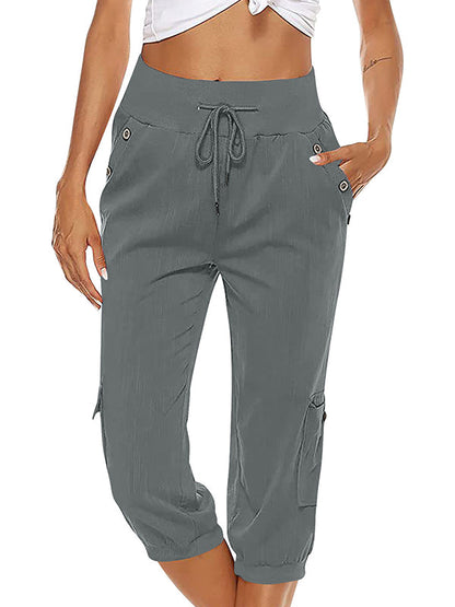 Women's Drawstring Cargo Pants Elastic Waist Casual Capri