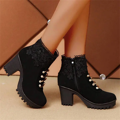 Women's Elegant Rhinestone Flower Lace Mid Heel Zipper Boots