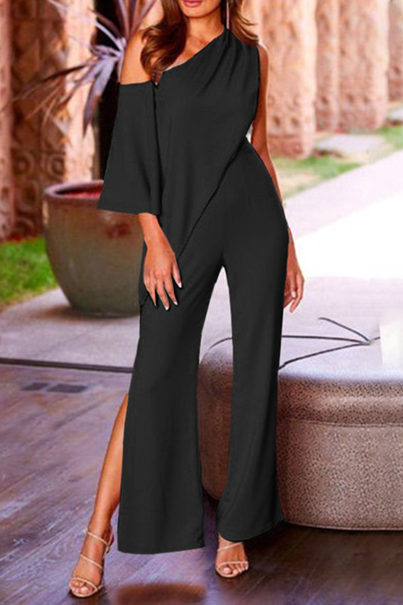 Fashion Solid Split Joint One Shoulder Boot Cut Jumpsuits(3 colors)