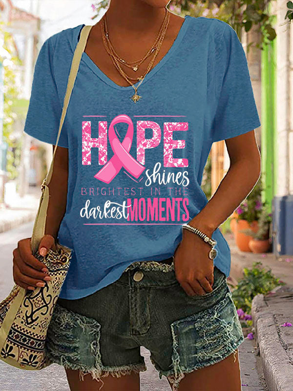 Hope Shines Pink Ribbon V-neck Short Sleeve T-shirt