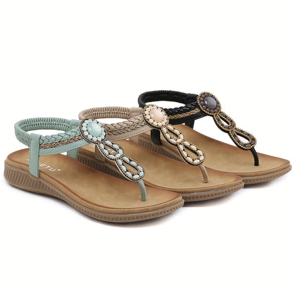 Boho Style Rhinestone T-Strap Sandals for Women - Perfect for Beach Vacations