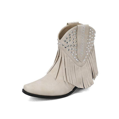 Women's Fashion Tassel Rhinestone Chunky Heel Booties 85018245S