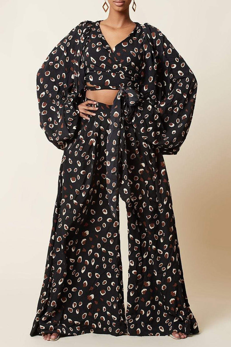 Fashion Casual Print Bandage V Neck Long Sleeve Two Pieces