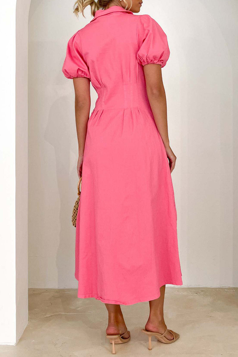 Casual Solid Buckle Turndown Collar A Line Dresses