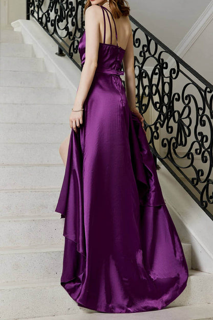 Elegant Solid Slit Oblique Collar Evening Dress Dresses