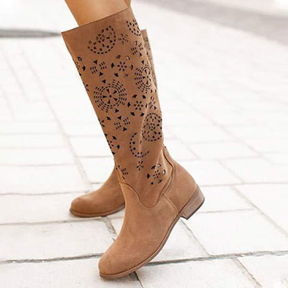 Women's Comfortable Low Heel Embossed Suede High-Calf Boots 49428193C