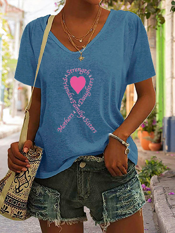 Pink Heart Ribbon V-neck Short Sleeve T-shirt