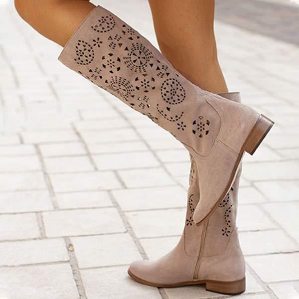 Women's Comfortable Low Heel Embossed Suede High-Calf Boots 49428193C