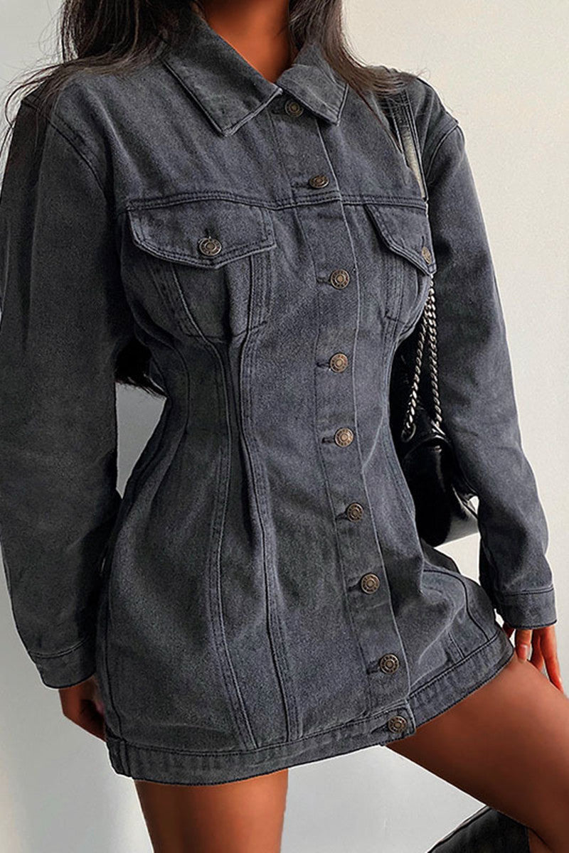 Fashion Casual Solid Split Joint Turndown Collar Long Sleeve Regular Denim Dresses