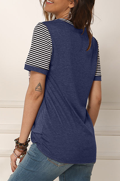 Casual Striped Leopard Split Joint Fold O Neck T-Shirts