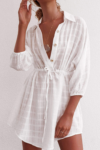 Casual Solid Draw String Buckle Turndown Collar Dresses