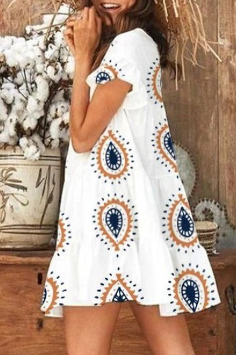 Elegant Vacation Print Patchwork O Neck Printed Dress Dresses