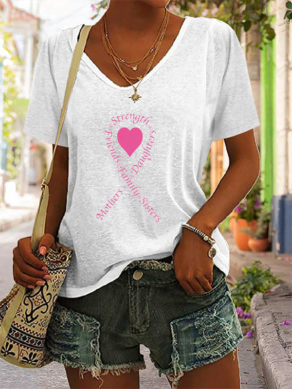 Pink Heart Ribbon V-neck Short Sleeve T-shirt