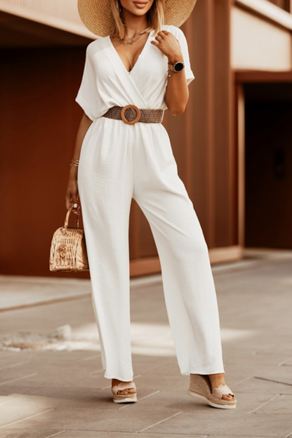 Casual Solid Patchwork V Neck Straight Jumpsuits