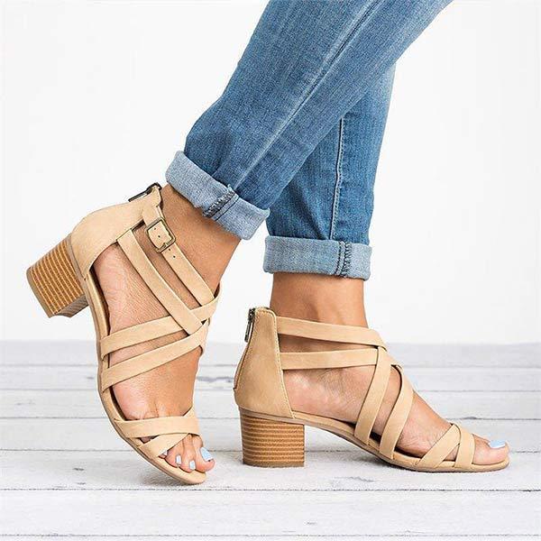 Women'S Chunky Heel Back Zipper Sandals 95324033C