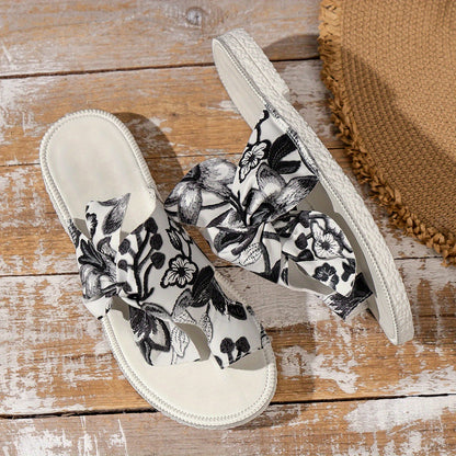 Cow and Sunflower Print Sliders - Stylish Toe Loop Slip-Ons for Women