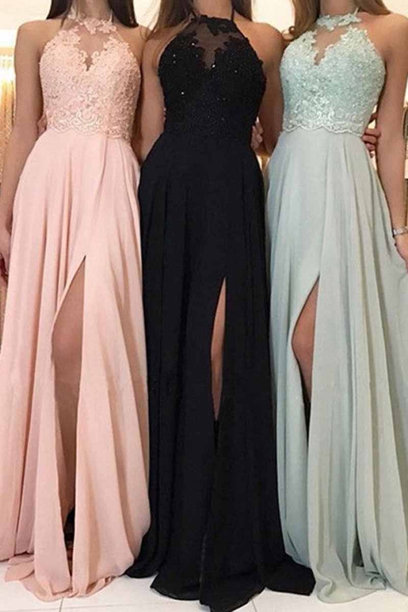 Elegant Solid Patchwork Slit Halter A Line Dresses