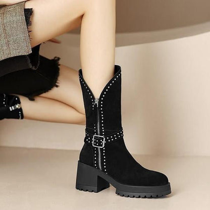 Women's Fashion Rivet Buckle Chunky Heel Mid-Calf Boots 48549956S