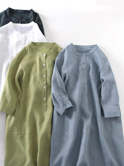 Mid-length Sleeves Loose Linen Shirt Dresses