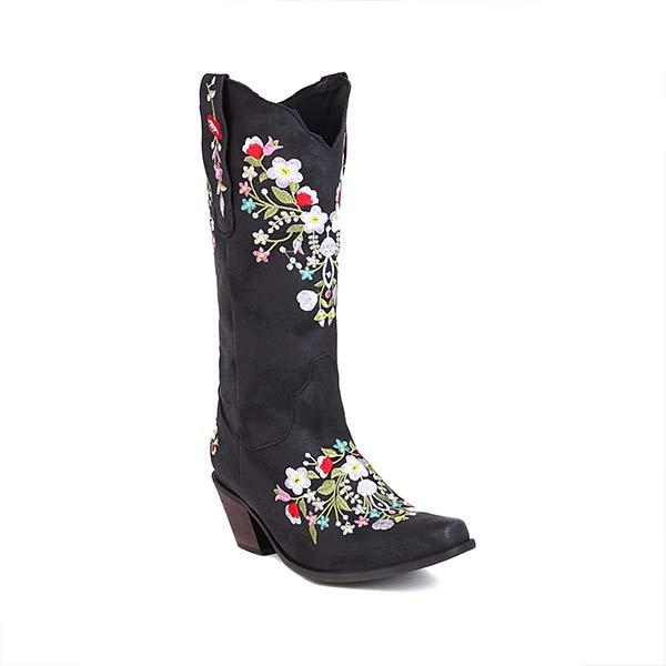 Women's Embroidered Floral Cowboy Boots with Chunky Heel and Pull-on High Shaft 86699639C