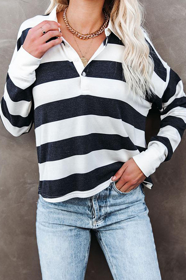 Casual Striped Split Joint Buckle Turndown Collar Tops